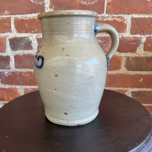 Antique Stoneware Pitcher with Blue Cobalt Decoration, 7” Tall - Picture 4 of 7